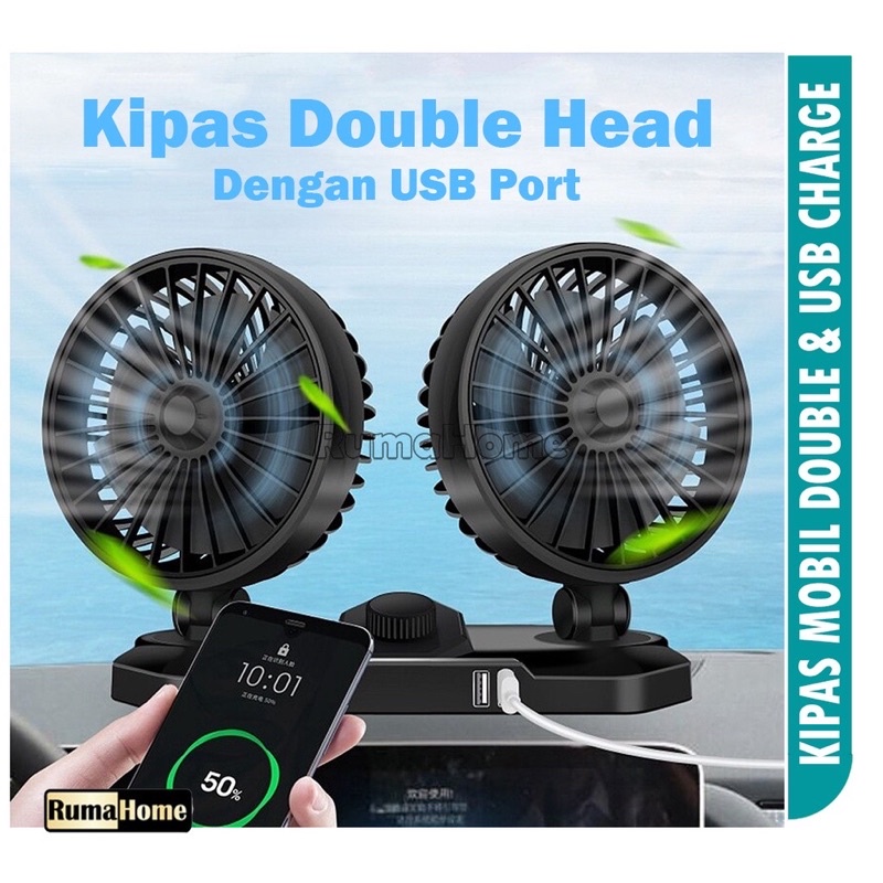 Kipas Mobil Double Fan 12-24v dengan 2 usb charger