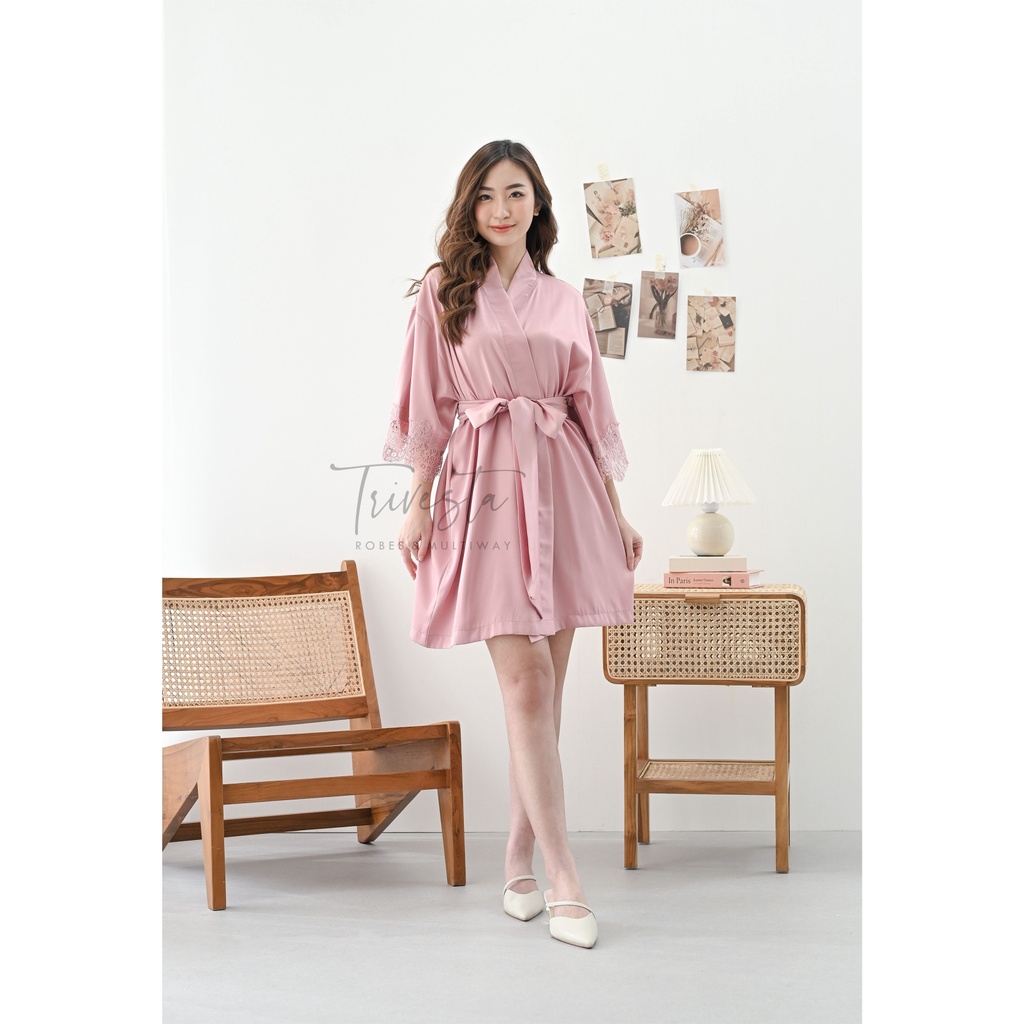 Helena Robe in Dusty Pink -KIMONO PENGANTIN / BRIDESMAID SATIN  &amp; BROKAT  + FREE BORDIR (TULISAN BEB