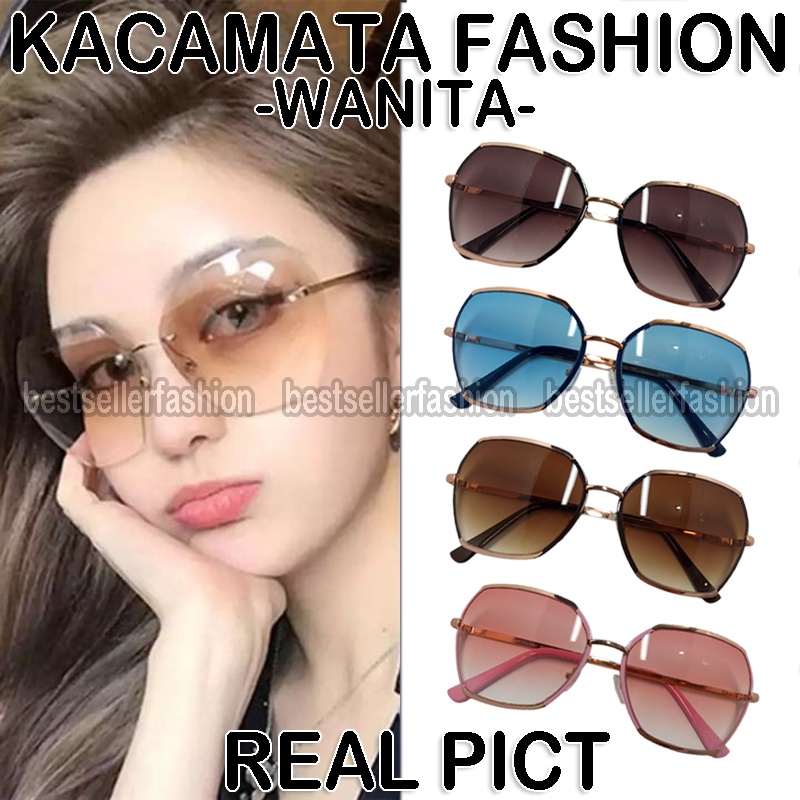 Kacamata Hitam UV Protection Gradasi Kacamata Fashion Wanita Pria  Big Eye Oversize Kacamata Korea Premium Fame Gagang Gold