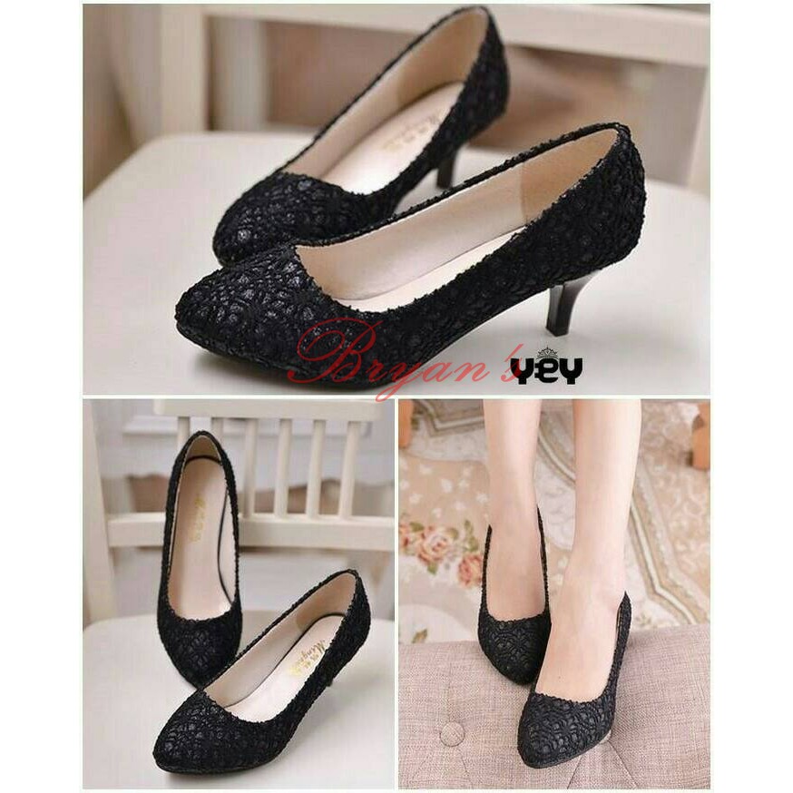Cerelia / Hells Wanita - Sepatu Hells - Haigh Hells - Murah Bange VE698 Heels Brukat Jessica Hitam