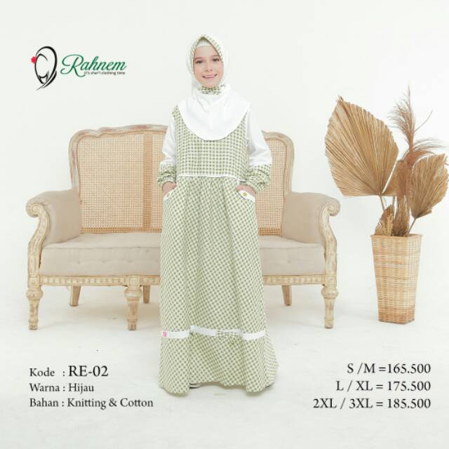 GAMIS ANAK RAHNEM RE 02 HIJAU BAJU BUSANA MUSLIM ANAK PEREMPUAN BAHAN KNIT MIX COTTON KATUN MOTIF KO