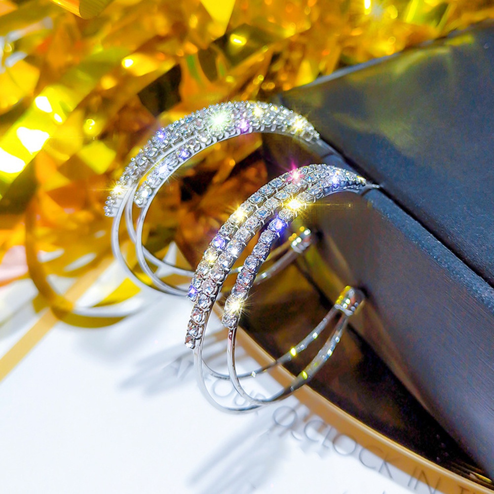 Anting Hoop Berlian Imitasi Tiga Lapis Bentuk Lingkaran Untuk Wanita