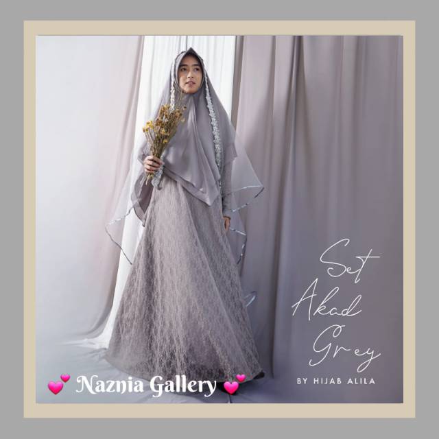 Set Gamis Akad Brukat Grey HIJAB ALILA | Set Gamis Brukat Bunga Akad Nikah dan Khimar Instan Syari
