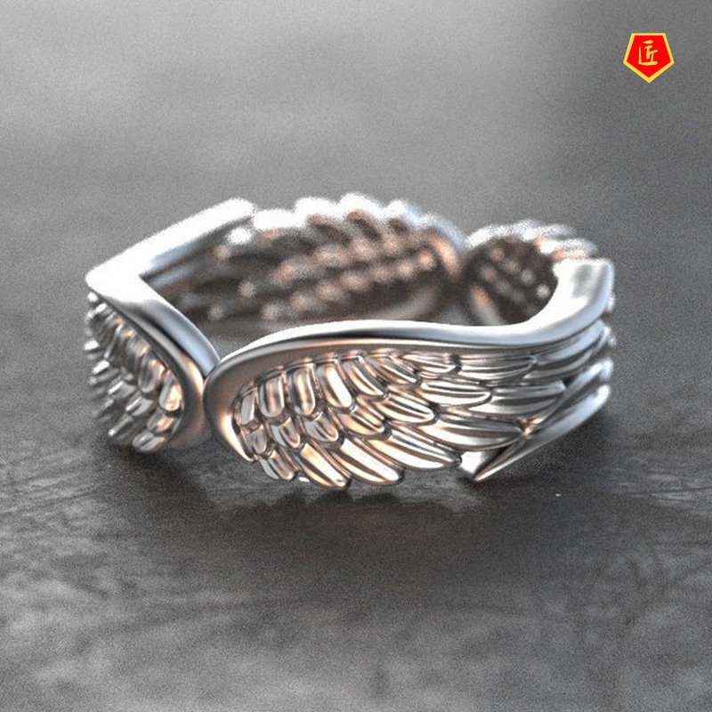 [Ready Stock]Original Design Feather Wings Ring Vintage Silver Black