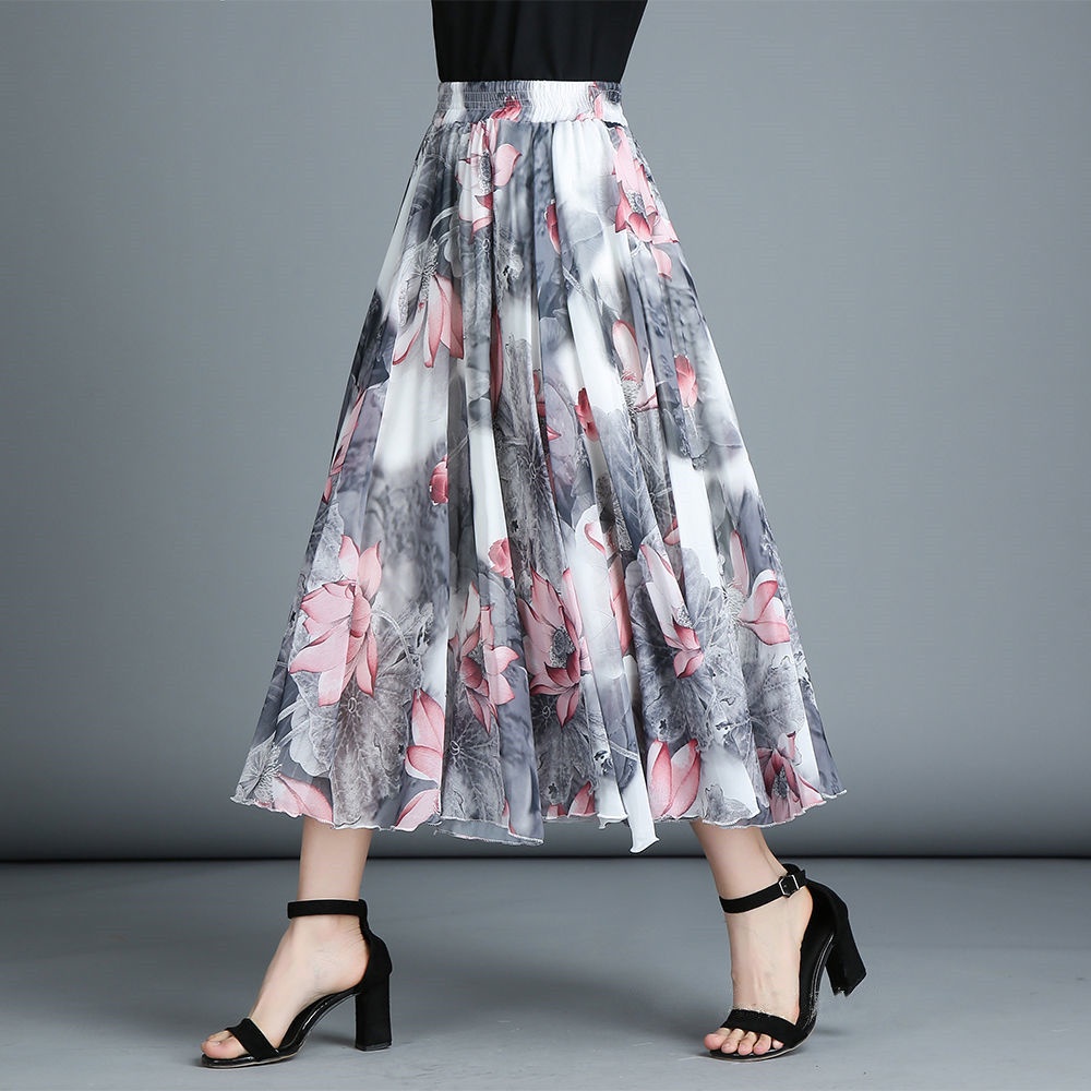 slim-fit  sifon bunga rok panjang rok pinggang tinggi A- line rok rok casual