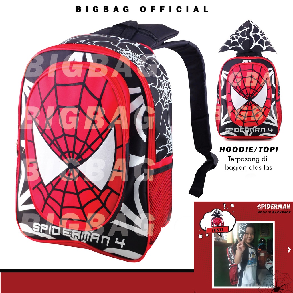 PTS - Tas Anak Cowo / Laki Laki Karakter  Hoodie / Bonus Tutup Kepala Tas Anak Spidermen - Tas Anak Sd dan Paud Murah Tas anak sekolah SD Tas N Ransel Diskon - Tas anak Sekolah laki laki Promo - Ransel Sekolah Anak SD