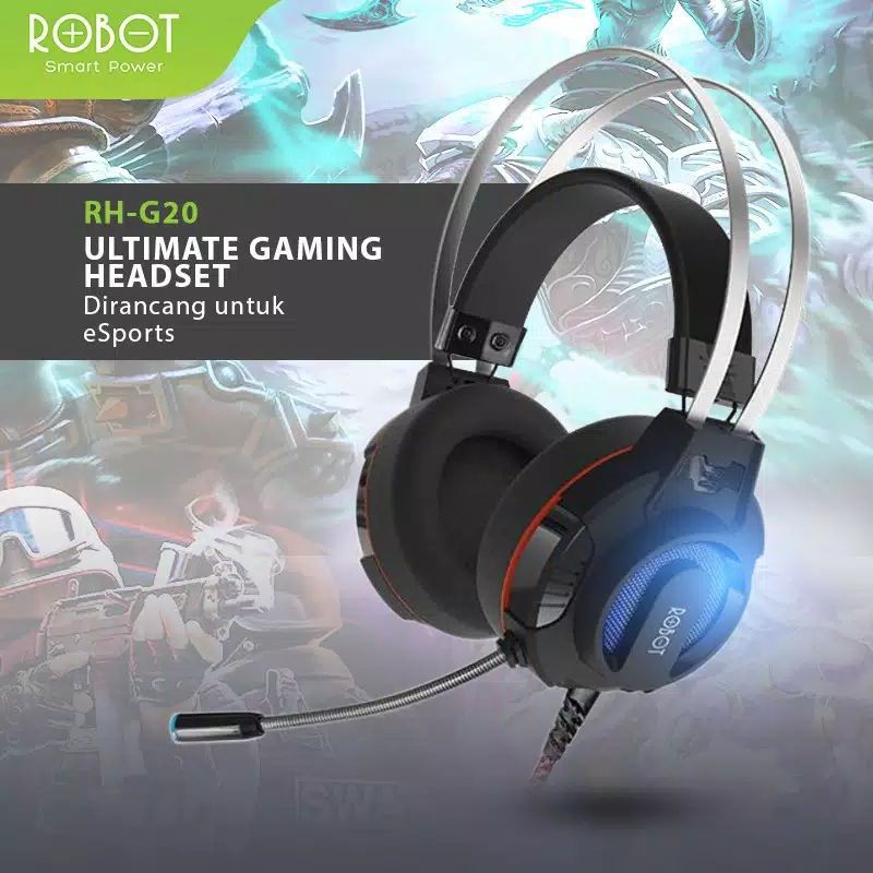 ROBOT RH-G20 Headphone Gaming Wired Headset Wired Earphone 7 LED Extra Bass - Garansi