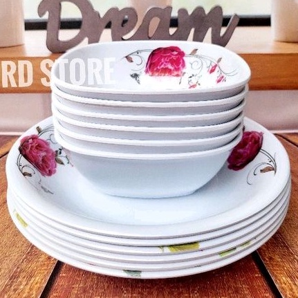 PROMO 12.PCS SET 6.PIRING 6.MANGKOK MELAMINE MOTIF ROSE