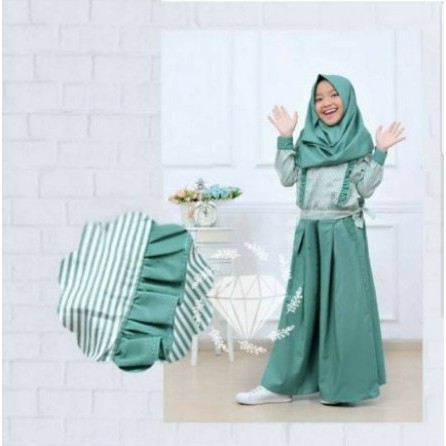 Baju Setelan Anak Muslim Dress + Hijab Khimar Muslim Anak Cewek Wanita Salur Garis Garis Usia 8-10 Tahun //Setelan Tunik Ceribelle Kidz// Baju Tunik Anak Perempuan Matt Katun Salur Motif Asli Kombi Baloteli Polos-3