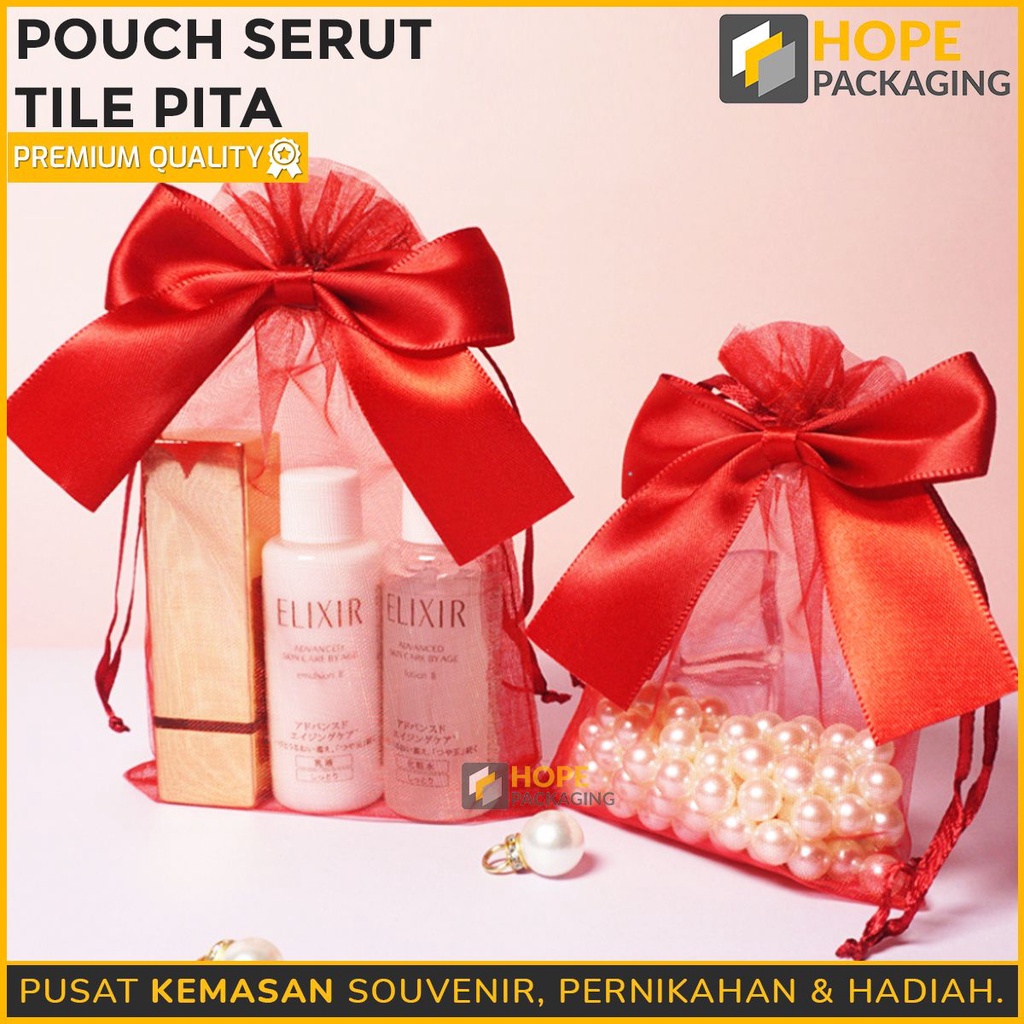 [3 PCS ] Pouch Serut Tile Pita Merah pouch tranparant Untuk souvenir Lebaran / idul fitri