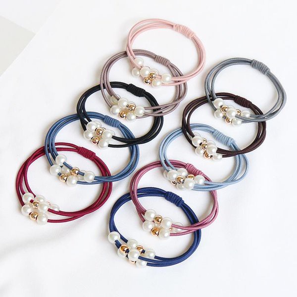 [Check Out 1000] Import Ikat korea - IKAT RAMBUT Korea MUTIARA - Gelang Pearl Tali Aksesoris Fashion Wanita -  Karet 3 Tali Kunciran Import