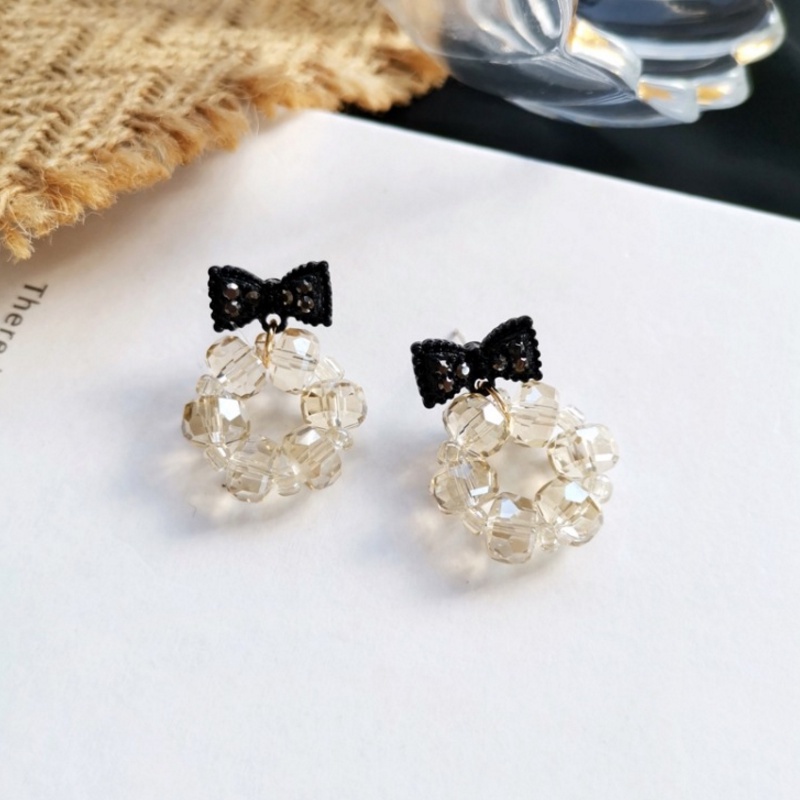 Anting Tusuk silver Desain Pita Hitam Hias Kristal Berlian Asimetris Gaya retro Korea