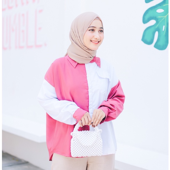 (DBY) KEMEJA ATASAN AGALA TWO TONE BLOUSE DAILY OVERSIZE WOLFIS