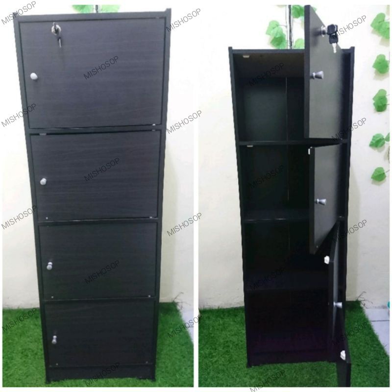 RAK BUKU LEMARI 4 PINTU SUSUN SERBAGUNA DENGAN KUNCI MODEL MINIMALIS