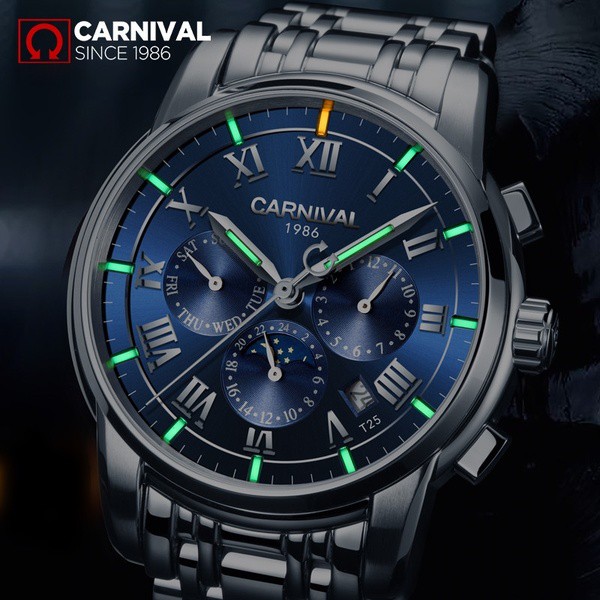 CARNIVAL Luxury brand Tritium T25 luminous military watch auto mechanical men watches full steel wat