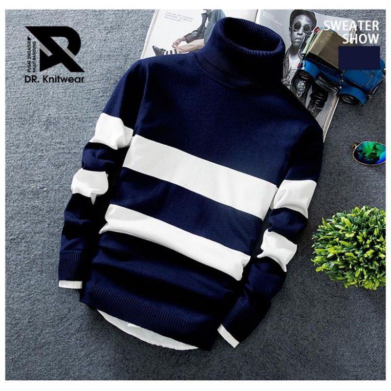 Sweater Hoodie Turtleneck Rajut Pria Sweater Strip