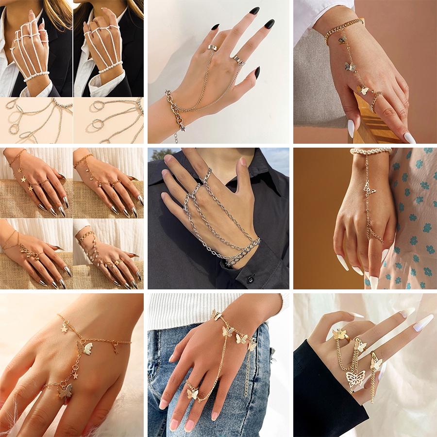 Gelang Rantai Cincin Desain Kupu-Kupu Aksen Mutiara Gaya Hip Hop