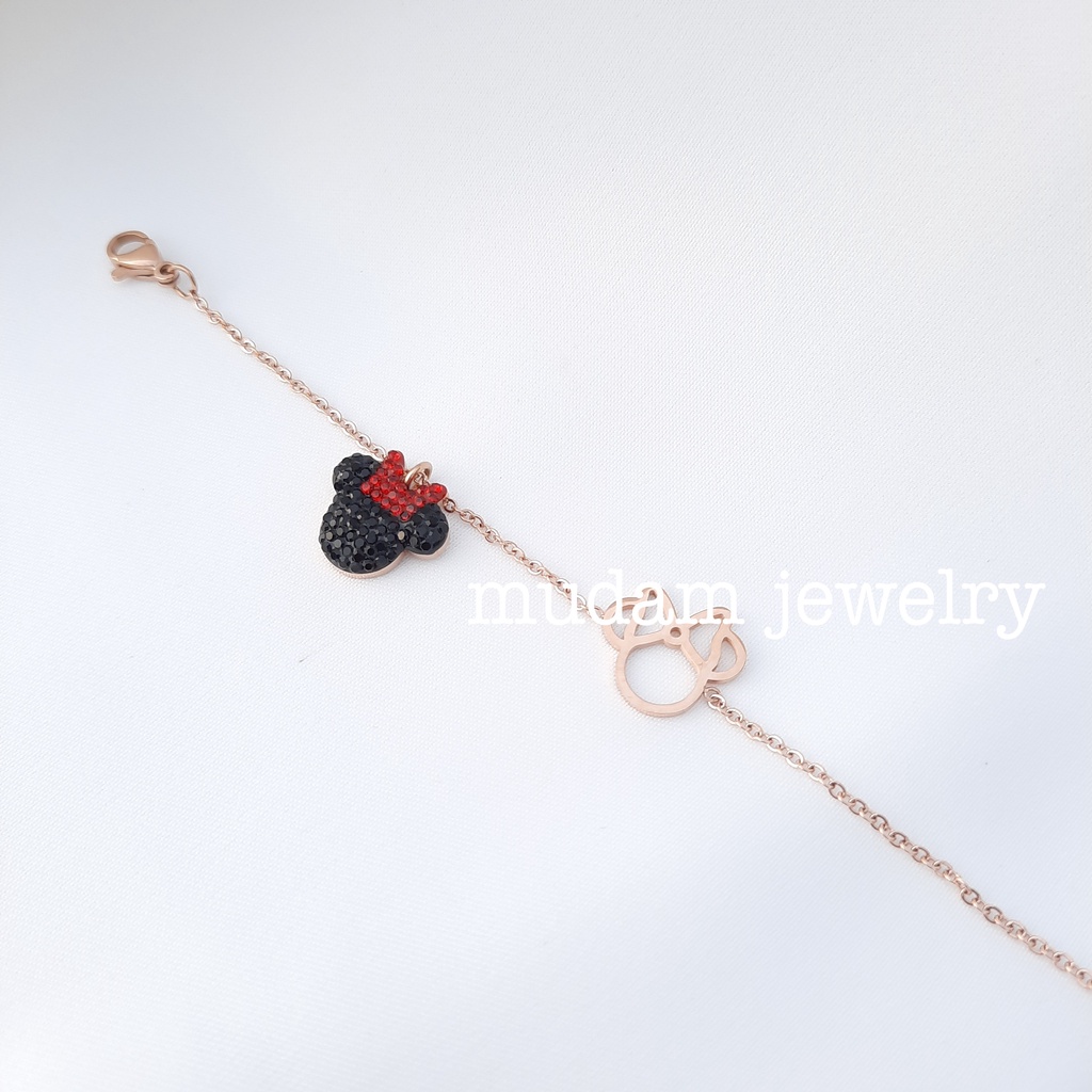 Gelang Rantai Titanium Minnie pita Merah
