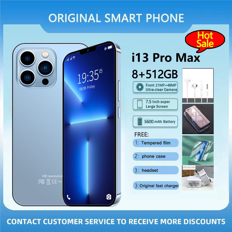 【New Arrived】i13 pro max 7.5inch Smartphone Layar Penuh RAM 8GB + ROM 512GB 5800mAh Layar HD 5G Handphone Dual SIM Sistem Android HD Kamera