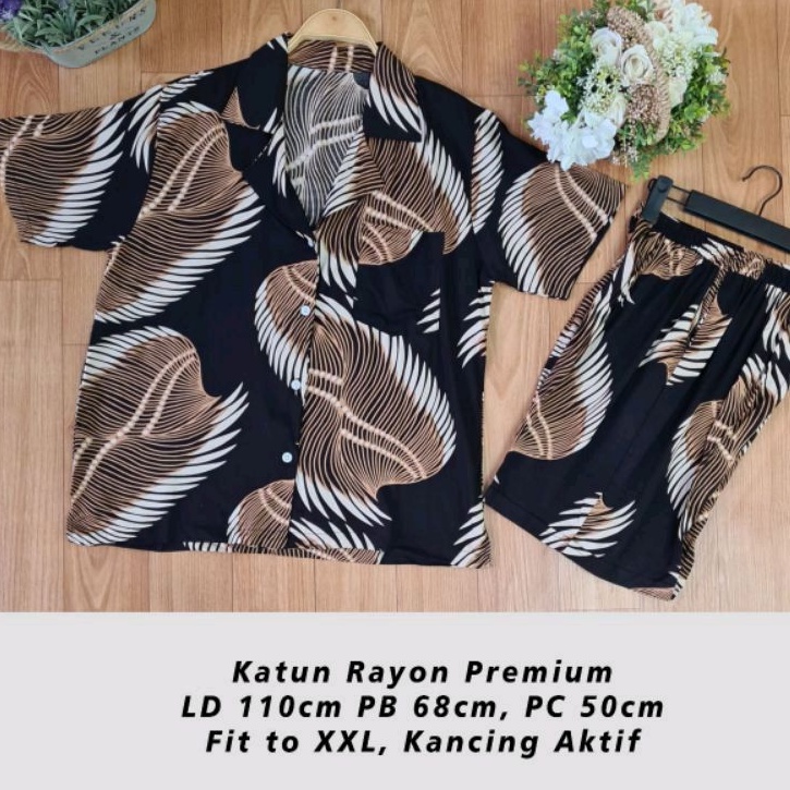 ONE SET HOTPANTS SETELAN BAJU CELANA PENDEK KEMEJA BAJU TIDUR RAYON PREMIUM ADEM MOTIF KOTAK ABSTRAK