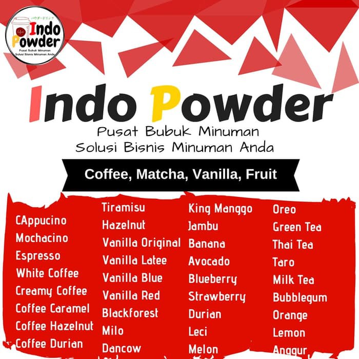 

Promo Spesial Bubuk Minuman Rasa Milo / Cappucino / Coklat / Green Tea / Taro / Buah Special