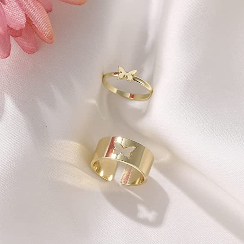 【MHANG】Set Cincin Wanita Kupu-kupu Emas Antik Terbuka Fashion Korea Berongga Perhiasan Cincin Wajah Lebar Kupu-kupu