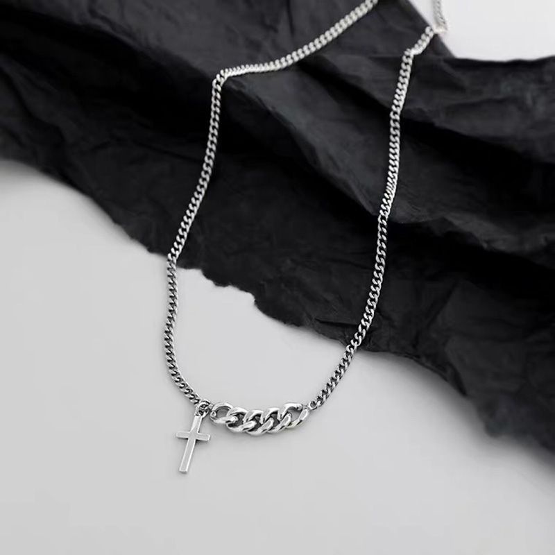 FerenHongXia Kalung Choker Rantai Pendek Liontin Salib Warna Silver Gaya Vintage Hip Hop Kalung Salib