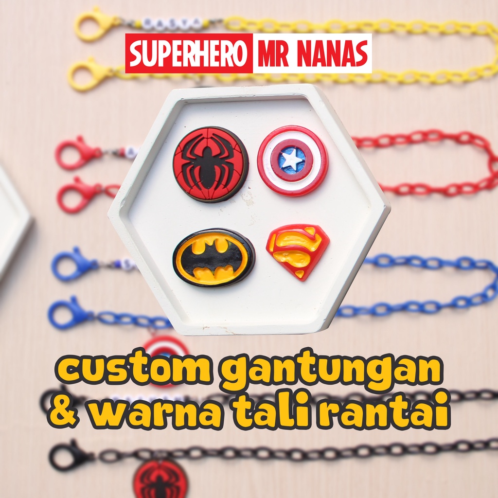 Tali Rantai Masker Logo Superhero FREE NAMA dan Gantungan Logo Superhero Pahlawan Keren Anak Cowo Mr Nanas