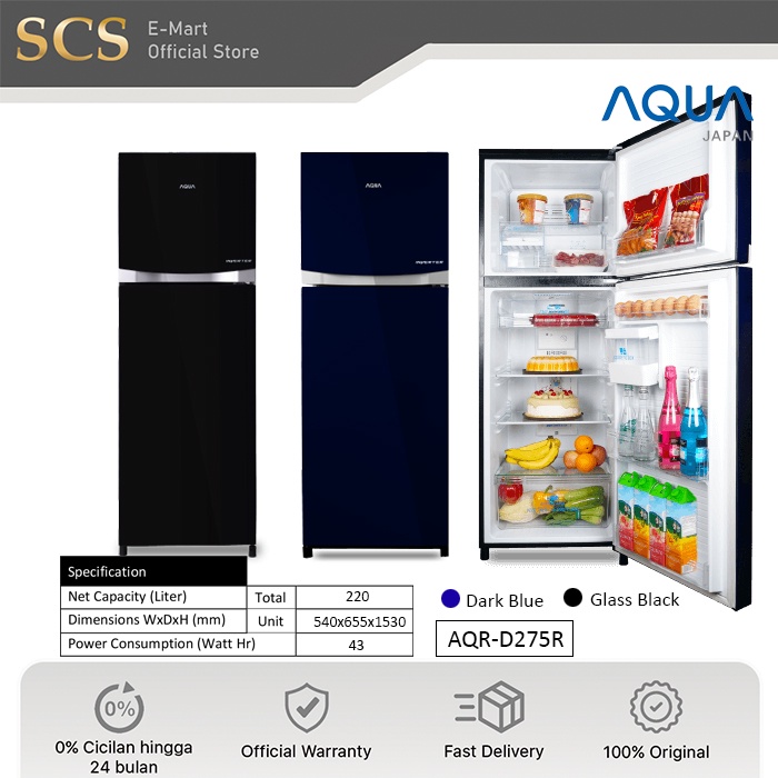 AQUA AQR-D275R Inventer Kulkas 2 Pintu 275 | 220 Liter | AQRD275 AQR D275