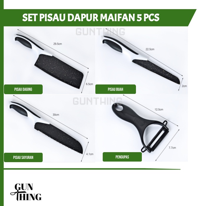 Set Pisau Dapur Hitam 5pcs (Pisau + Peeler) - Batu Maifan- Alat Dapur Kesehatan, Pisau Murah - Pisau J13