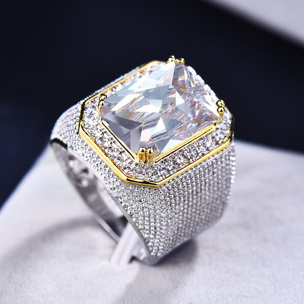 Perak &amp; Emas Baja Titanium Berlian Kristal Bening Pria Wanita Fashion Perhiasan Cincin Kawin Crystal Rings