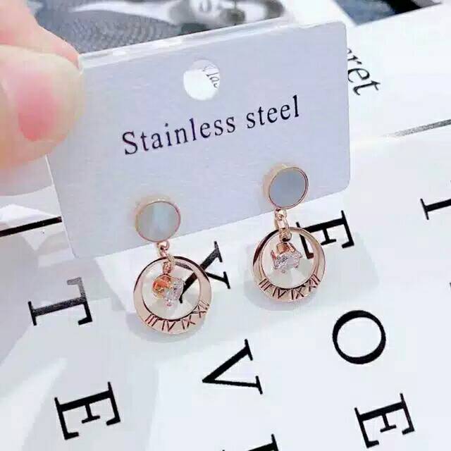 GG Anting Tusuk Titanium Premium Lapis Emas 18k aksen Berlian Angka Romawi#AT-175