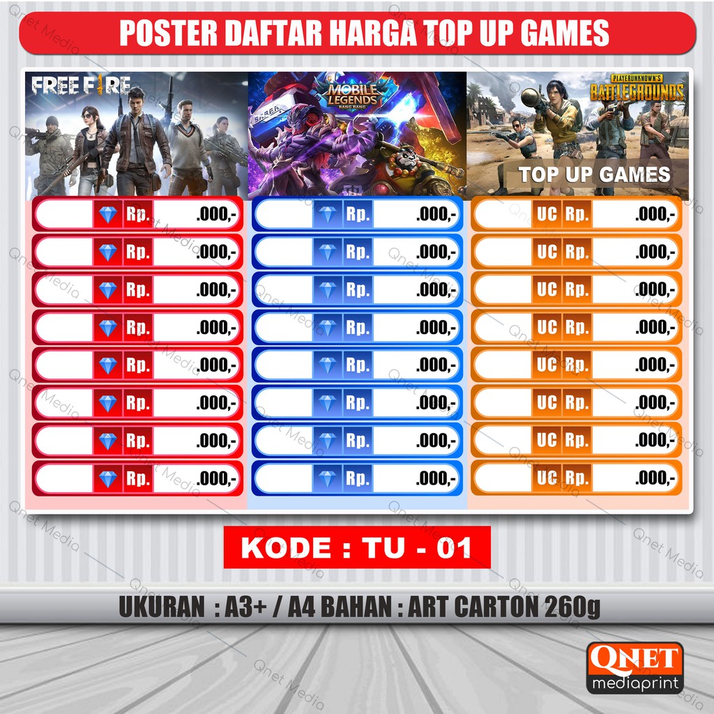 Jual POSTER KONTER DAFTAR HARGA KUOTA GAMES (CUSTOM) Indonesia|Shopee