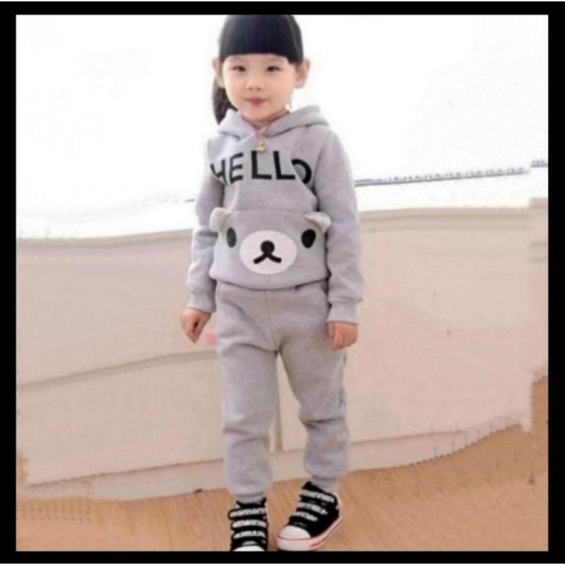 setelan HODDIE anak perempuan terbaru motif HELLO 1-5 tahun