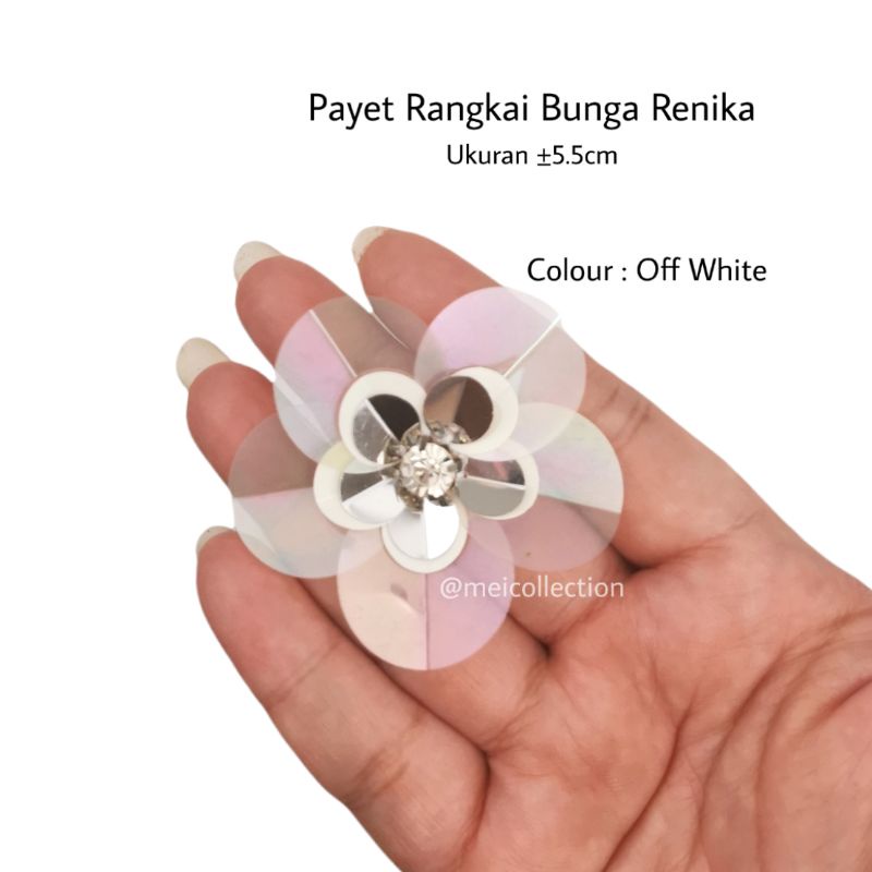 bunga 3D off white payet rangkai sequin APB Renika permata silver diamond cangkang