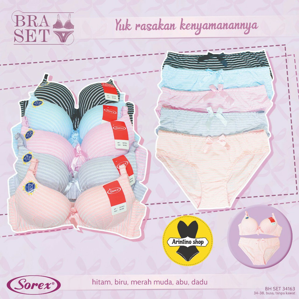 (1set) Bh Bra Set Sorex 34163 (Cup Sedang) TANPA KAWAT | Bra Satu Set Busa Motif |
