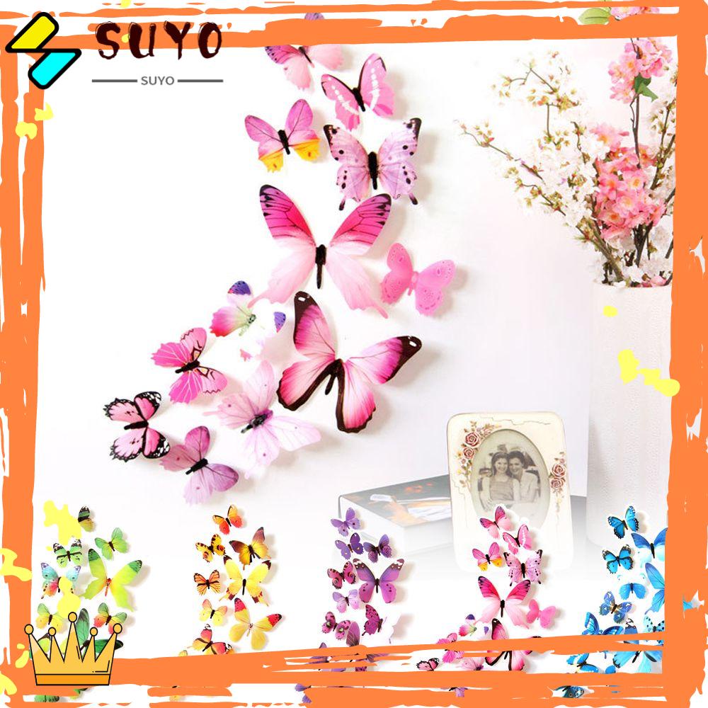 Suyo 12PCS / Set Stiker Dinding DIY Gambar Kupu-Kupu Bahan PVC Untuk Dekorasi Rumah