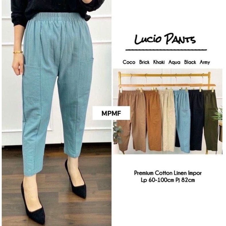 celana baggy Lucio pants rayon linen premium super saku samping pinggang original