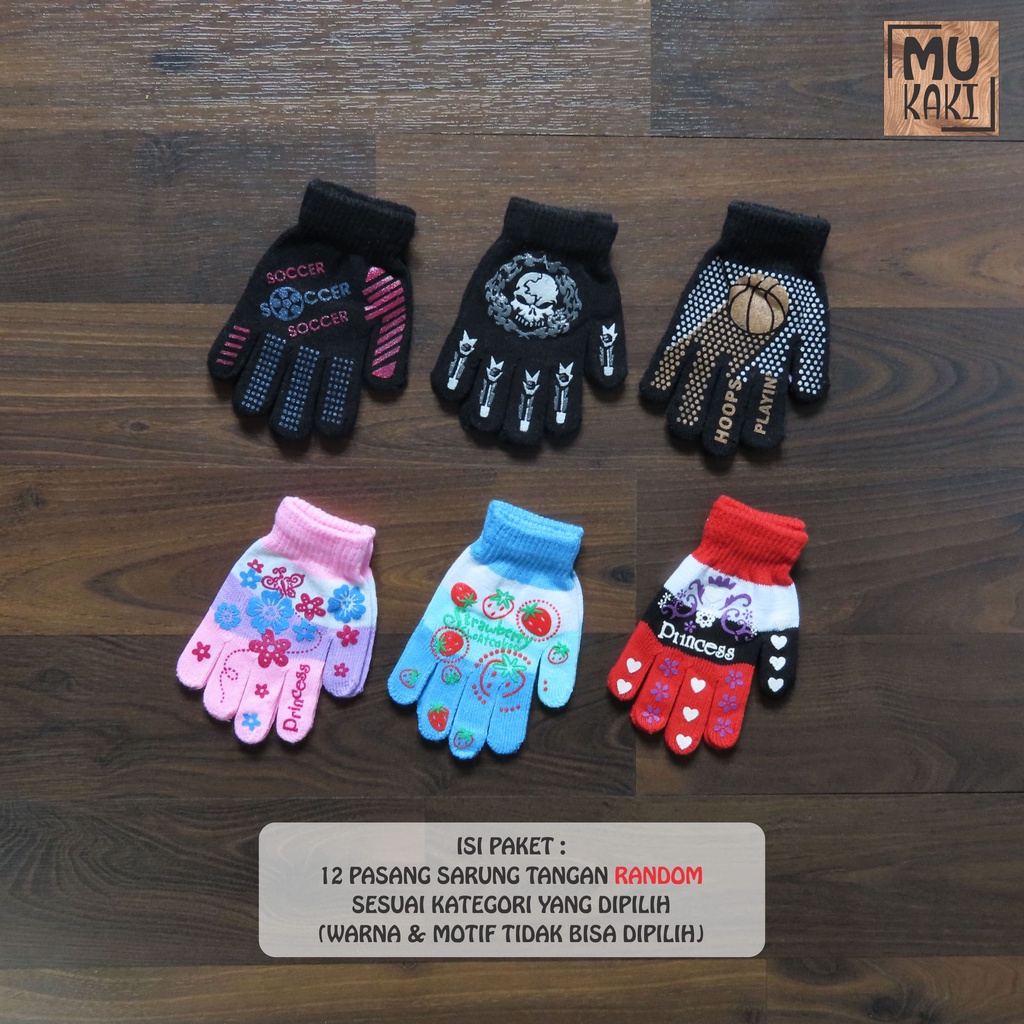 Paket Sarung Tangan Anak Laki-laki &amp; Perempuan (USIA 2 - 7 Thn)  Mix 12pcs Mukaki