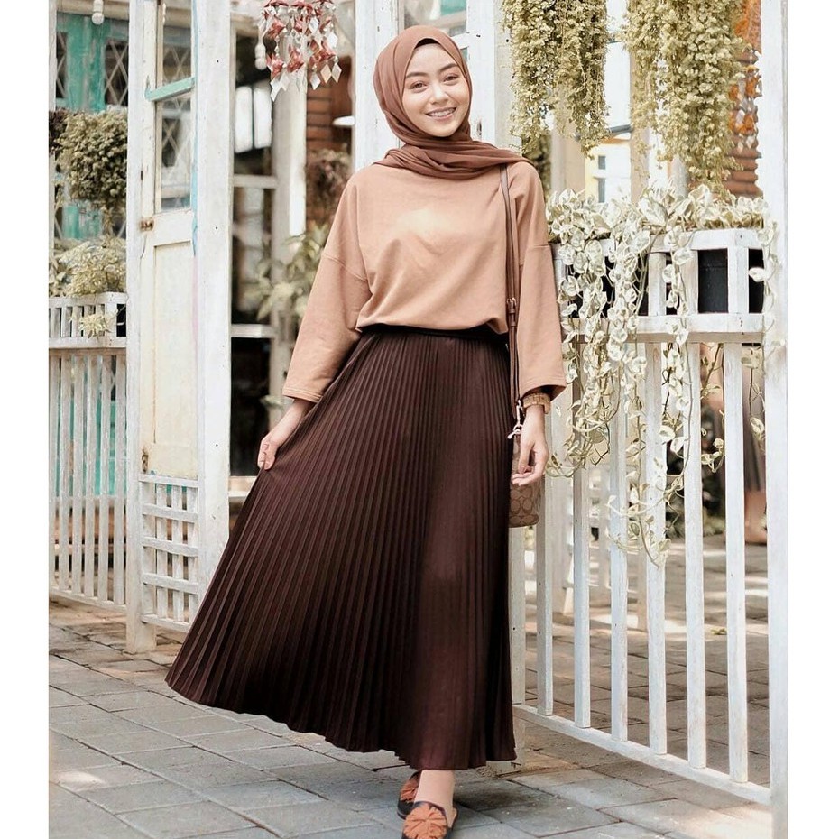 ROK PLISKET MURAH PRISKET PLEATED SALE POLOS REMPEL MUSLIMAH SKIRT ABG FLARE SKIRT MAYUNG FLOWY-COKLAT / COFFE