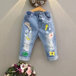 GA2630 FLOWER RIPPED JEANS  CELANA  PANJANG ROBEK BUNGA ANAK  