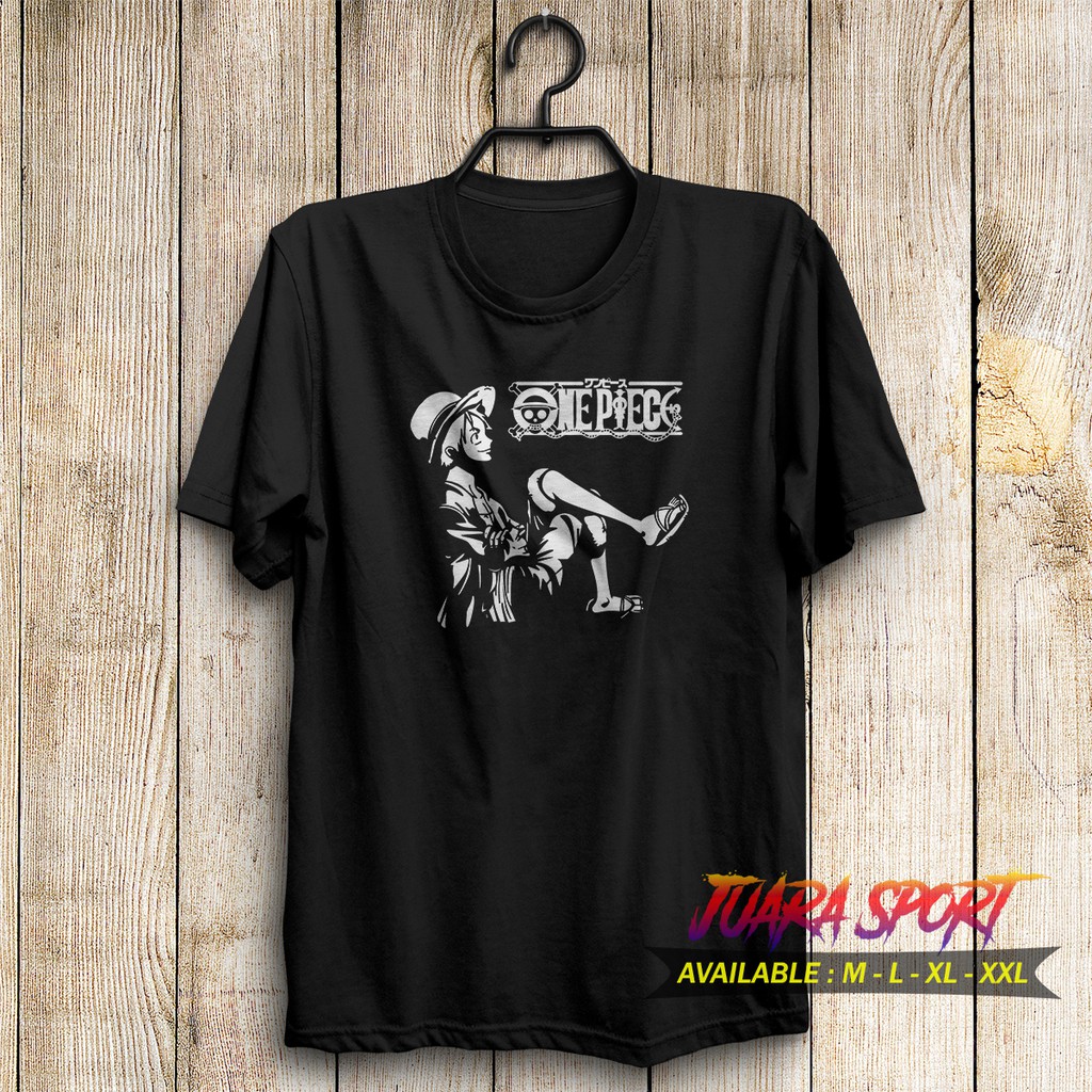 T-Shirt Kaos Cotton Combed Kaos Unisex Baju Distro Kaos Anime One Piece Luffy Duduk