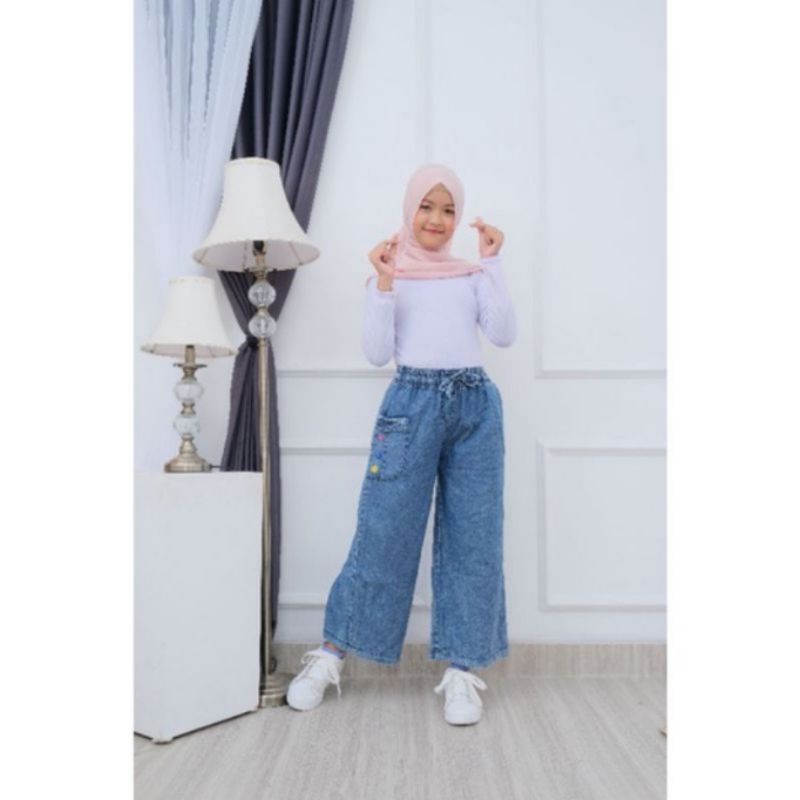 BAGGY JEANS//CELANA PANJANG ANAK PEREMPUAN VARIASI BORDIR CEMPAKA USIA 6-12TAHUN