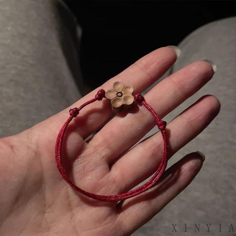 【COD】Gelang Tangan Tali Merah Anyaman Tangan Desain Ukiran Kayu Peach Plum Mekar Untuk Wanita gelang pasangan