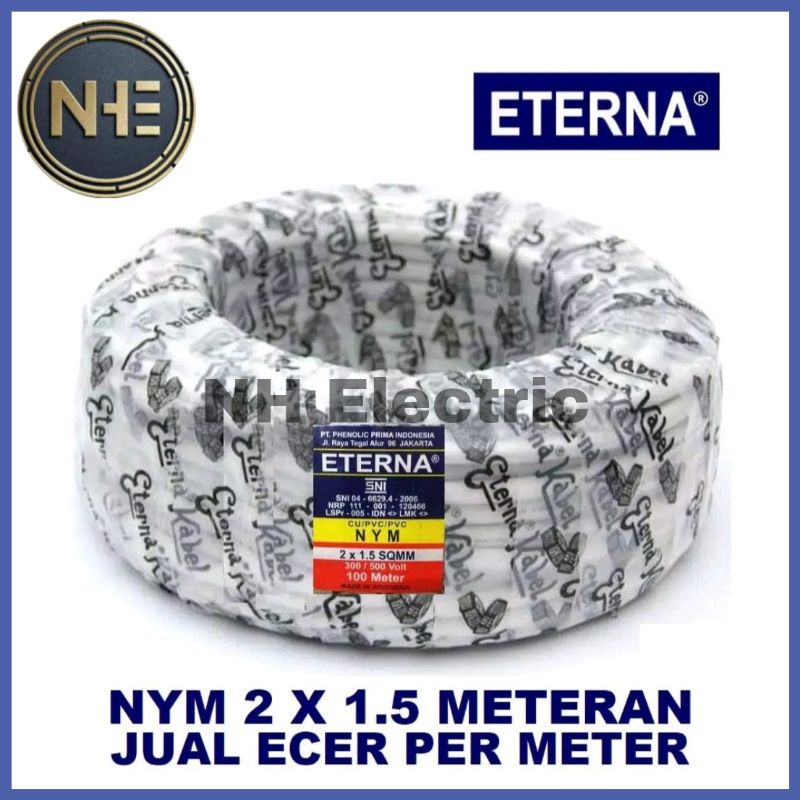 Kabel Eterna Nym Kawat Tembaga 2x1,5mm² Putih SNI - Kabel Listrik Eterna Kawat 2x1,5mm² White SNI (Harga Per Meter)