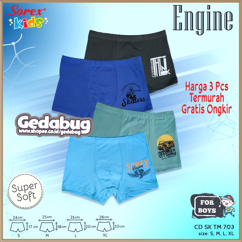 3 Pcs - CD Boxer Sorex TM 703 | Celana Dalam Anak Motif Engine Boy | Terbaru GEDABUG