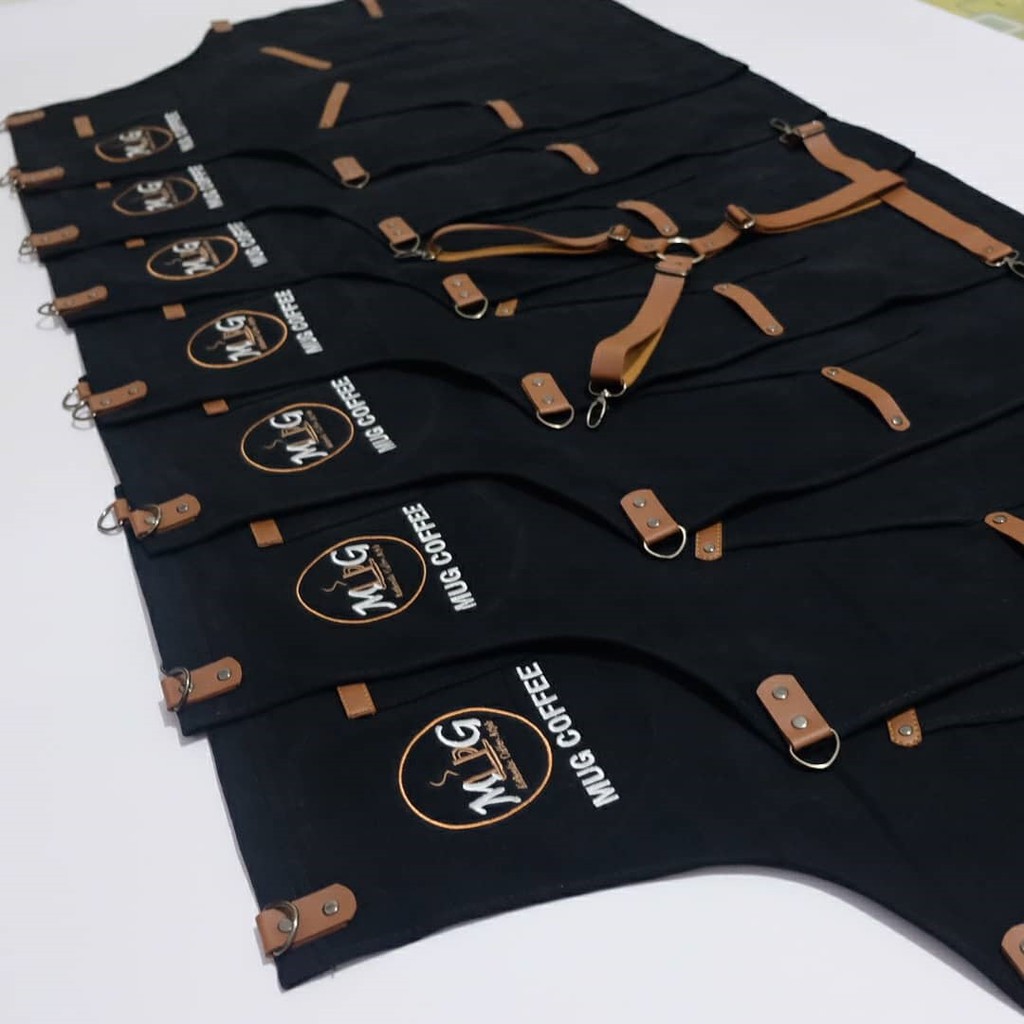 Apron Barista Celemek Cafe Apron Barbershop Celemek Cukur Rambut Crossback X Strep Synthetic Leather Include Bordir
