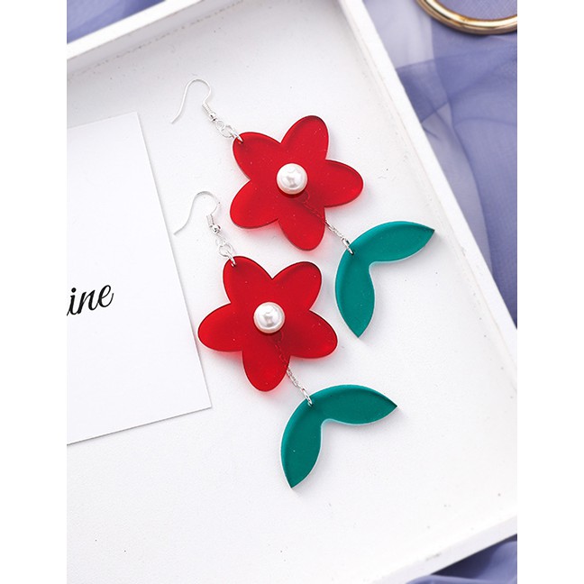 LRC Anting Gantung Fashion Red Acrylic Flower Pearl Earrings F54330