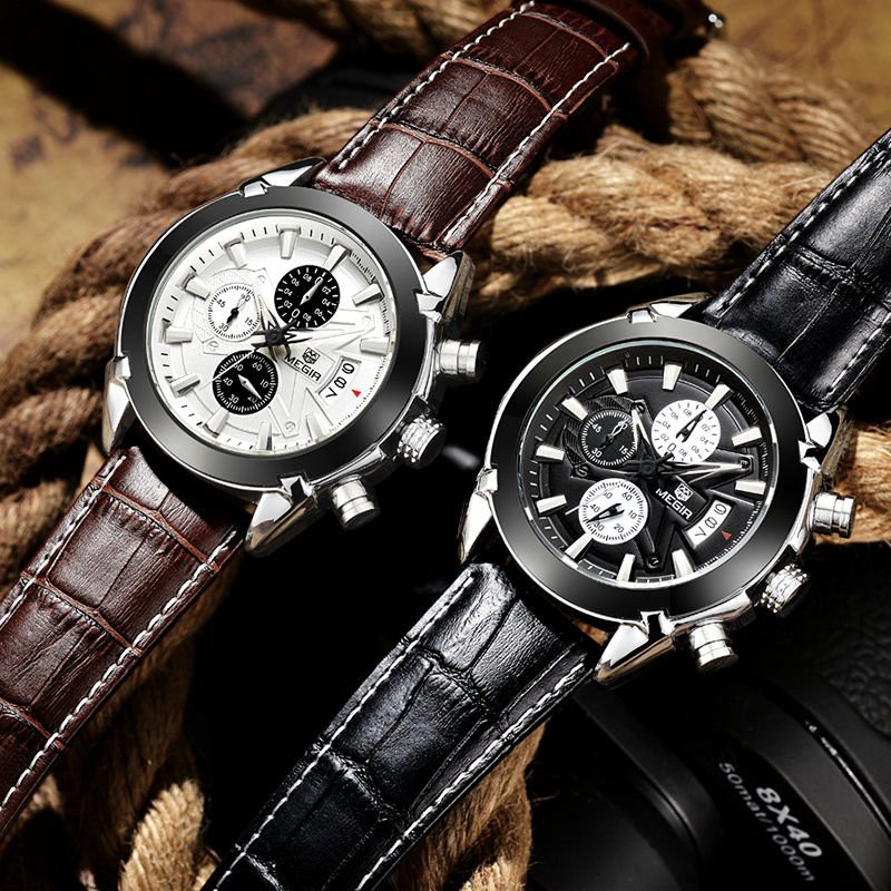 MEGIR 2020 Jam Tangan Pria Analog Chronograph Tali Kulit WATCHKITE WKOS