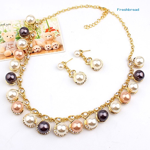 Terlaris Women Faux Pearls Rhinestone Chain Necklace Earrings Wedding Bride Jewelry Set